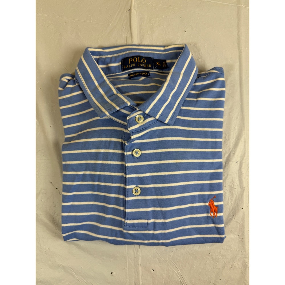 Polo Ralph Lauren Mens XL Blue White Striped Pima Soft‎ Touch Polo Orange Pony